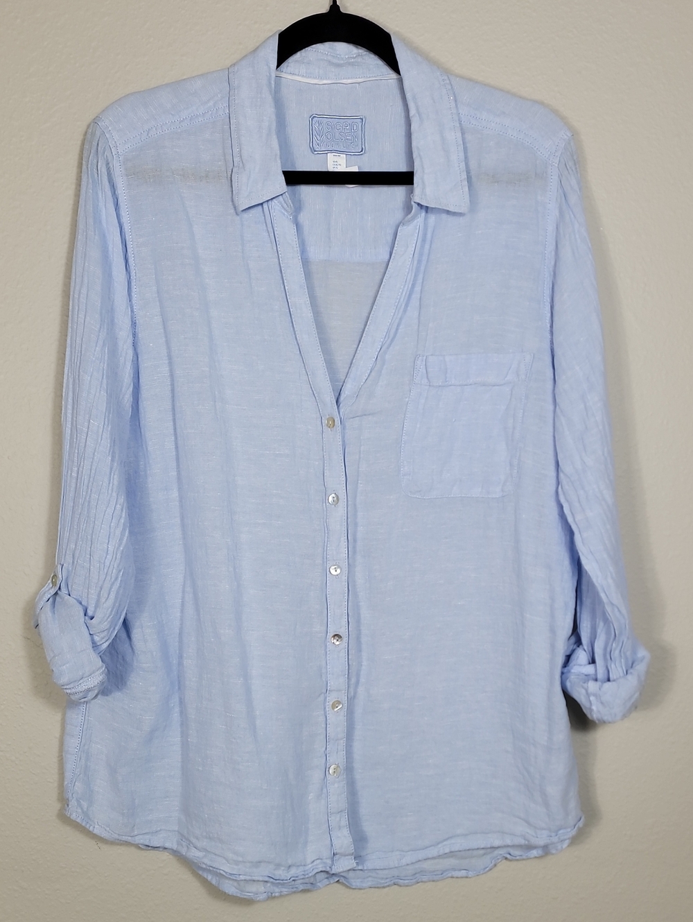 Sigrid Olsen 100% Linen Button Up Tunic Shirt Size XL Light Blue Roll Tab